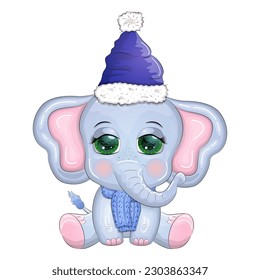 Cute cartoon elephant, childish character with beautiful eyes wearing santa hat, scarf, holding gift, christmas ball or candy cane. The concept of the holiday of Christmas and New Year