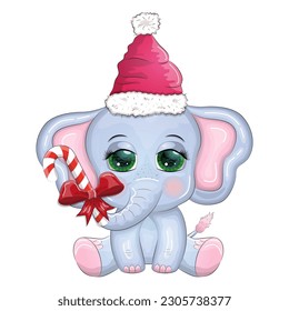 Cute cartoon elephant, childish character with beautiful eyes wearing santa hat, scarf, holding gift, christmas ball or candy cane. The concept of the holiday of Christmas and New Year