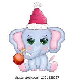 Cute cartoon elephant, childish character with beautiful eyes wearing santa hat, scarf, holding gift, christmas ball or candy cane. The concept of the holiday of Christmas and New Year