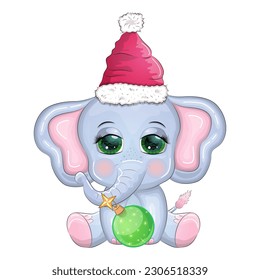 Cute cartoon elephant, childish character with beautiful eyes wearing santa hat, scarf, holding gift, christmas ball or candy cane. The concept of the holiday of Christmas and New Year