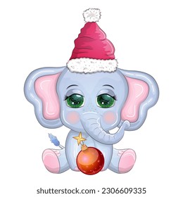 Cute cartoon elephant, childish character with beautiful eyes wearing santa hat, scarf, holding gift, christmas ball or candy cane. The concept of the holiday of Christmas and New Year