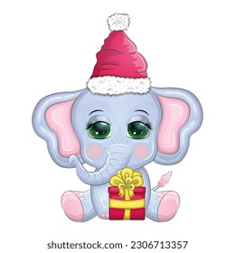 Cute cartoon elephant, childish character with beautiful eyes wearing santa hat, scarf, holding gift, christmas ball or candy cane. The concept of the holiday of Christmas and New Year