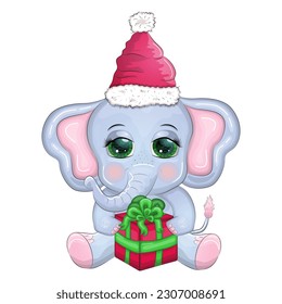 Cute cartoon elephant, childish character with beautiful eyes wearing santa hat, scarf, holding gift, christmas ball or candy cane. The concept of the holiday of Christmas and New Year