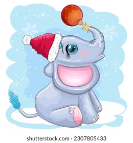 Cute cartoon elephant, childish character with beautiful eyes wearing santa hat, scarf, holding gift, christmas ball or candy cane. The concept of the holiday of Christmas and New Year