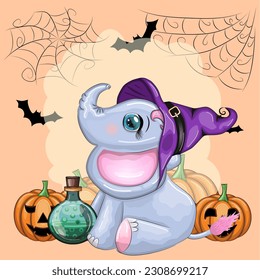 Cute cartoon elephant, childish character in wizard hat with pumpkin, potion or broom. Halloween postcard.