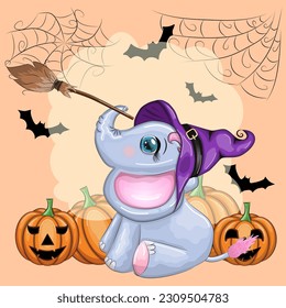 Cute cartoon elephant, childish character in wizard hat with pumpkin, potion or broom. Halloween postcard.