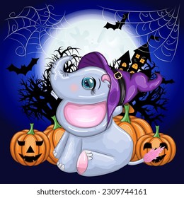 Cute cartoon elephant, childish character in wizard hat with pumpkin, potion or broom. Halloween postcard.