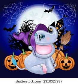 Cute cartoon elephant, childish character in wizard hat with pumpkin, potion or broom. Halloween postcard.