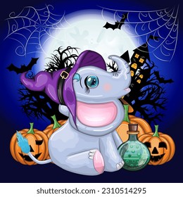 Cute cartoon elephant, childish character in wizard hat with pumpkin, potion or broom. Halloween postcard.