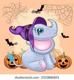 Cute cartoon elephant, childish character in wizard hat with pumpkin, potion or broom. Halloween postcard.