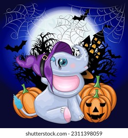 Cute cartoon elephant, childish character in wizard hat with pumpkin, potion or broom. Halloween postcard.