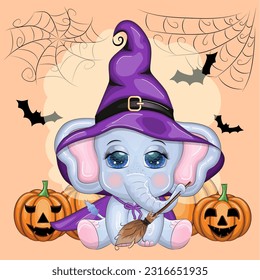 Cute cartoon elephant, childish character in wizard hat with pumpkin, potion or broom. Halloween postcard.