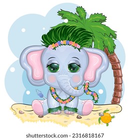 Cute cartoon elephant, childish character with beautiful eyes in Hawaiian costume, beach and vacation.
