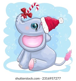 Cute cartoon elephant, childish character with beautiful eyes wearing santa hat, scarf, holding gift, christmas ball or candy cane. The concept of the holiday of Christmas and New Year