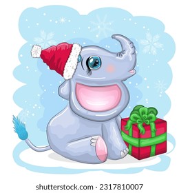 Cute cartoon elephant, childish character with beautiful eyes wearing santa hat, scarf, holding gift, christmas ball or candy cane. The concept of the holiday of Christmas and New Year