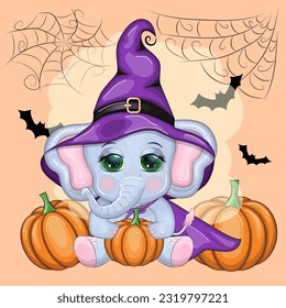 Cute cartoon elephant, childish character in wizard hat with pumpkin, potion or broom. Halloween postcard.