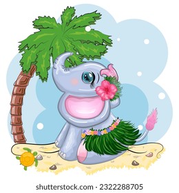 Cute cartoon elephant, childish character with beautiful eyes in Hawaiian costume, beach and vacation.