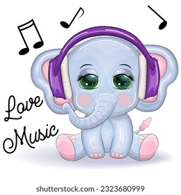 Cute cartoon elephant, childish character with beautiful eyes wearing headphones, music lover listening to music or learning lessons