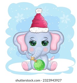Cute cartoon elephant, childish character with beautiful eyes wearing santa hat, scarf, holding gift, christmas ball or candy cane. The concept of the holiday of Christmas and New Year