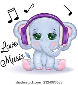 Cute cartoon elephant, childish character with beautiful eyes wearing headphones, music lover listening to music or learning lessons