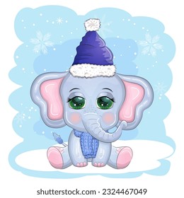 Cute cartoon elephant, childish character with beautiful eyes wearing santa hat, scarf, holding gift, christmas ball or candy cane. The concept of the holiday of Christmas and New Year