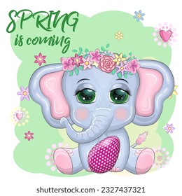 Cute cartoon elephant, childish character with beautiful eyes holding easter egg
