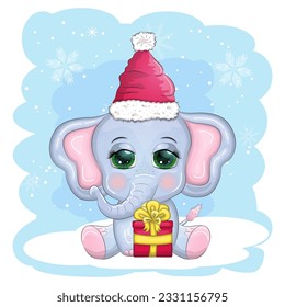 Cute cartoon elephant, childish character with beautiful eyes wearing santa hat, scarf, holding gift, christmas ball or candy cane. The concept of the holiday of Christmas and New Year