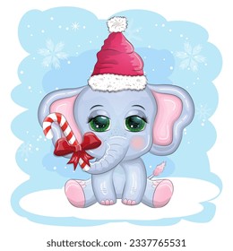 Cute cartoon elephant, childish character with beautiful eyes wearing santa hat, scarf, holding gift, christmas ball or candy cane. The concept of the holiday of Christmas and New Year