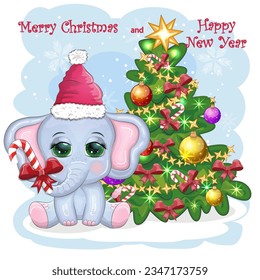 Cute cartoon elephant, childish character in santa hat with gift, christmas ball or candy cane near christmas tree. New Year