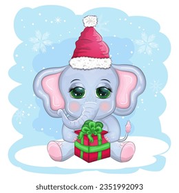 Cute cartoon elephant, childish character with beautiful eyes wearing santa hat, scarf, holding gift, christmas ball or candy cane. The concept of the holiday of Christmas and New Year