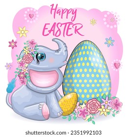 Cute cartoon elephant, childish character with beautiful eyes holding an easter egg. Happy Easter greeting card