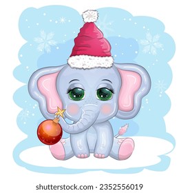 Cute cartoon elephant, childish character with beautiful eyes wearing santa hat, scarf, holding gift, christmas ball or candy cane. The concept of the holiday of Christmas and New Year