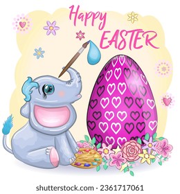 Cute cartoon elephant, childish character with beautiful eyes holding an easter egg. Happy Easter greeting card