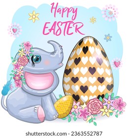 Cute cartoon elephant, childish character with beautiful eyes holding an easter egg. Happy Easter greeting card