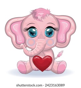 Cute cartoon elephant, childish character with beautiful eyes with a heart