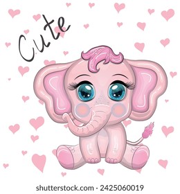 Cute cartoon elephant, childish character with beautiful eyes.
