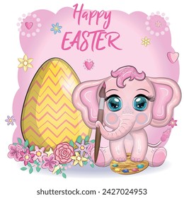 Cute cartoon elephant, childish character with beautiful eyes holding an easter egg. Happy Easter greeting card