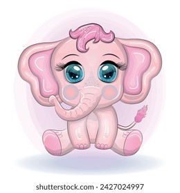 Cute cartoon elephant, childish character with beautiful eyes.