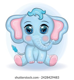 Cute cartoon elephant, childish character with beautiful eyes.