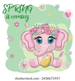 Cute cartoon elephant, childish character with beautiful eyes holding an easter egg. Happy Easter greeting card