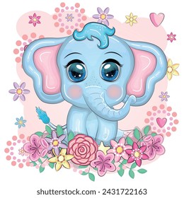 Cute cartoon elephant, childish character with beautiful eyes.