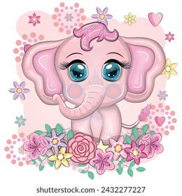 Cute cartoon elephant, childish character with beautiful eyes.