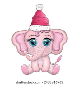 Cute cartoon elephant, childish character with beautiful eyes wearing santa hat, scarf, holding gift, christmas ball or candy cane. The concept of the holiday of Christmas and New Year