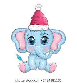 Cute cartoon elephant, childish character with beautiful eyes wearing santa hat, scarf, holding gift, christmas ball or candy cane. The concept of the holiday of Christmas and New Year