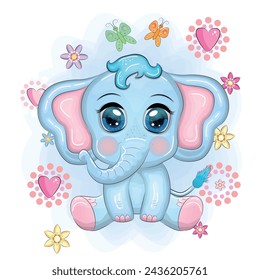 Cute cartoon elephant, childish character with beautiful eyes.