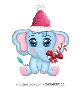 Cute cartoon elephant, childish character with beautiful eyes wearing santa hat, scarf, holding gift, christmas ball or candy cane. The concept of the holiday of Christmas and New Year