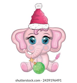 Cute cartoon elephant, childish character with beautiful eyes wearing santa hat, scarf, holding gift, christmas ball or candy cane. The concept of the holiday of Christmas and New Year