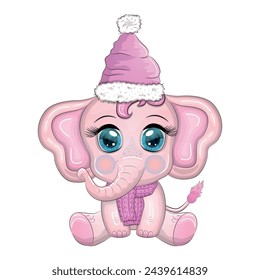 Cute cartoon elephant, childish character with beautiful eyes wearing santa hat, scarf, holding gift, christmas ball or candy cane. The concept of the holiday of Christmas and New Year