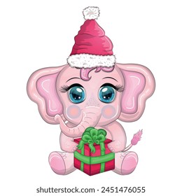 Cute cartoon elephant, childish character with beautiful eyes wearing santa hat, scarf, holding gift, christmas ball or candy cane. The concept of the holiday of Christmas and New Year