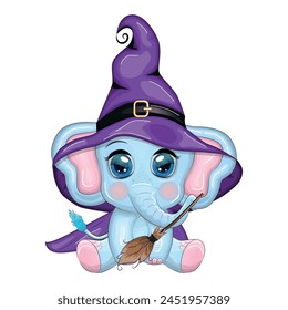 Cute cartoon elephant, childish character in wizard hat with pumpkin, potion or broom, halloween.